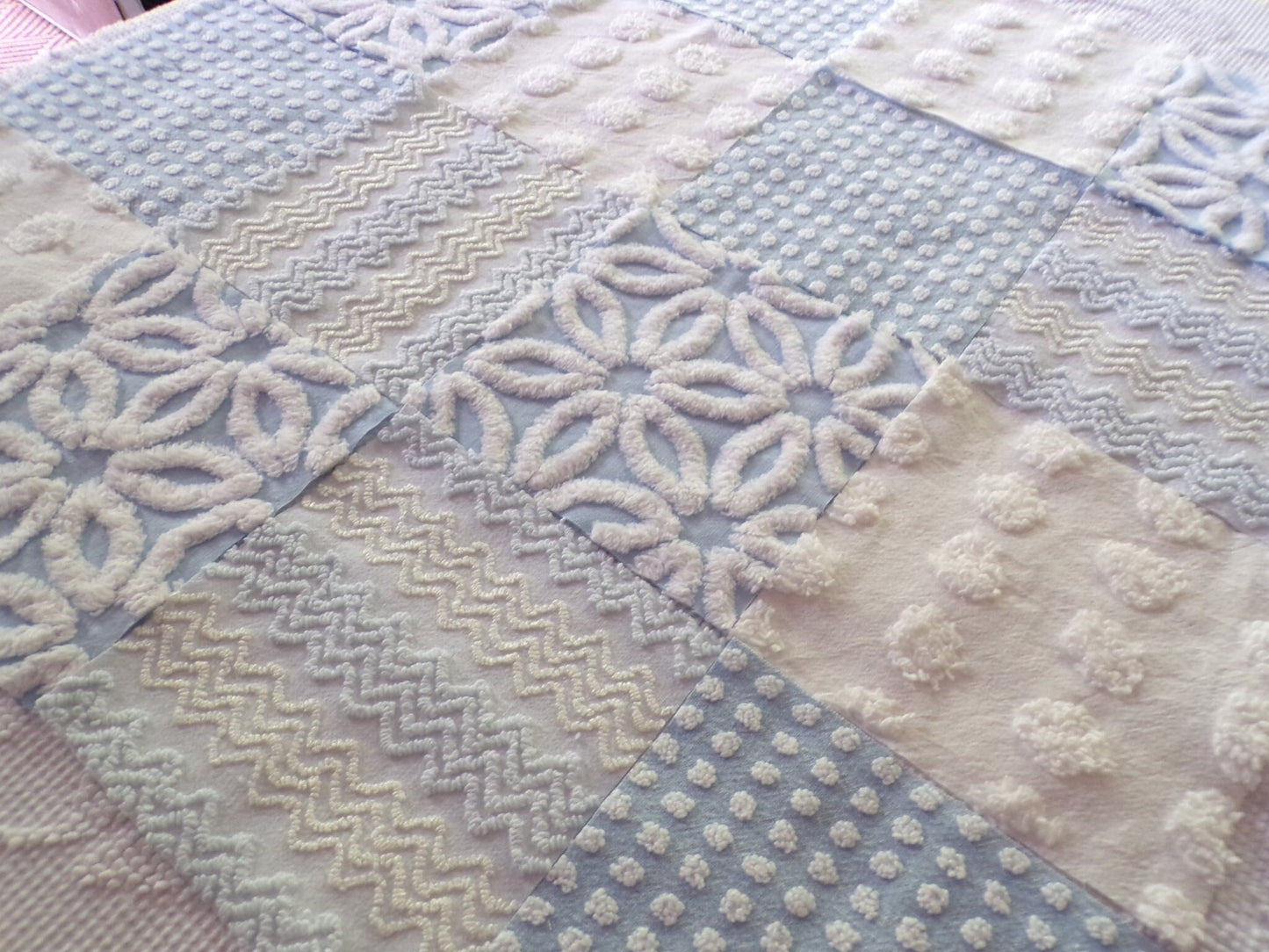 Blue Quilt Squares Set, Rotary Cut from Vintage Chenille Bedspread Fabric, 16 Blocks, 6" x 6" inch