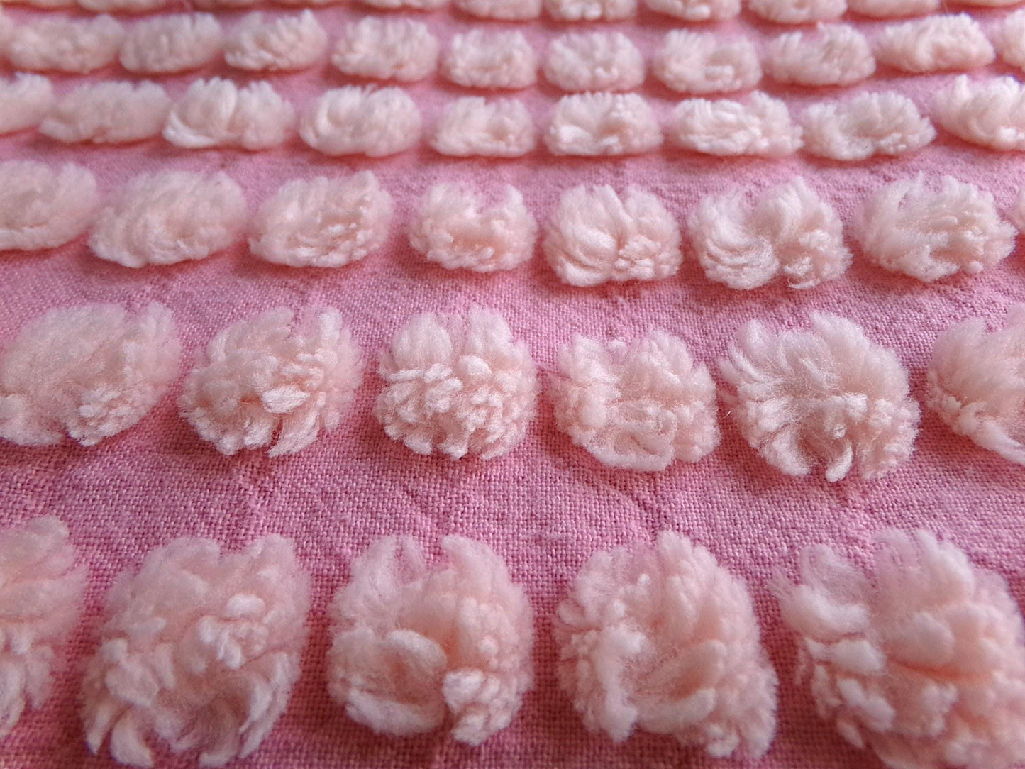 fluff puff pops chenille fabric, cute oversize bobbles on pink rose, 20" x 30" inch piece great for chenille quilts & sewing projects