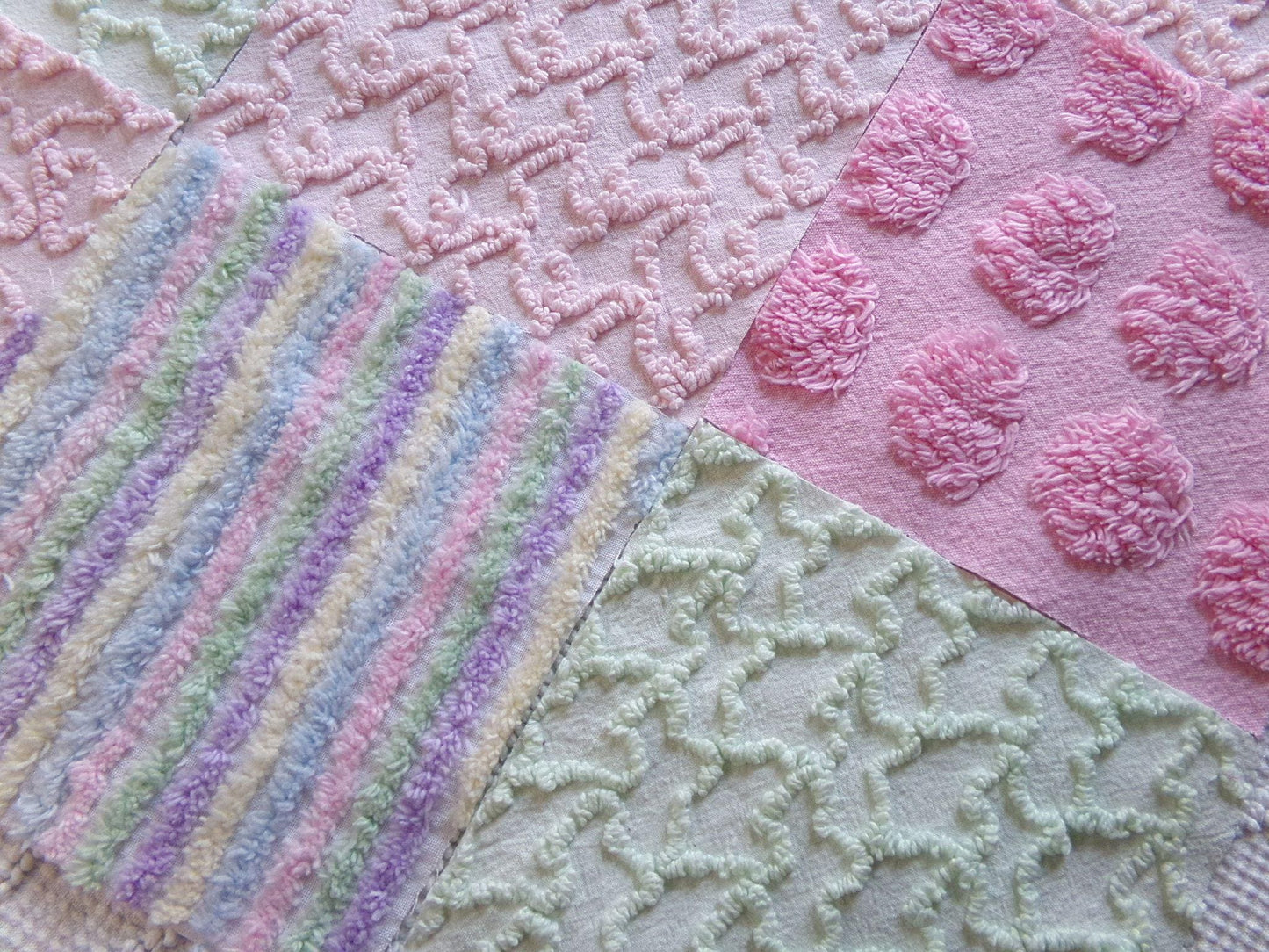 enchanted rainbow chenille fabric squares, set of 16 vintage pink & green quilt blocks 6" ea, rosebud, squiggles for crafts, quilting