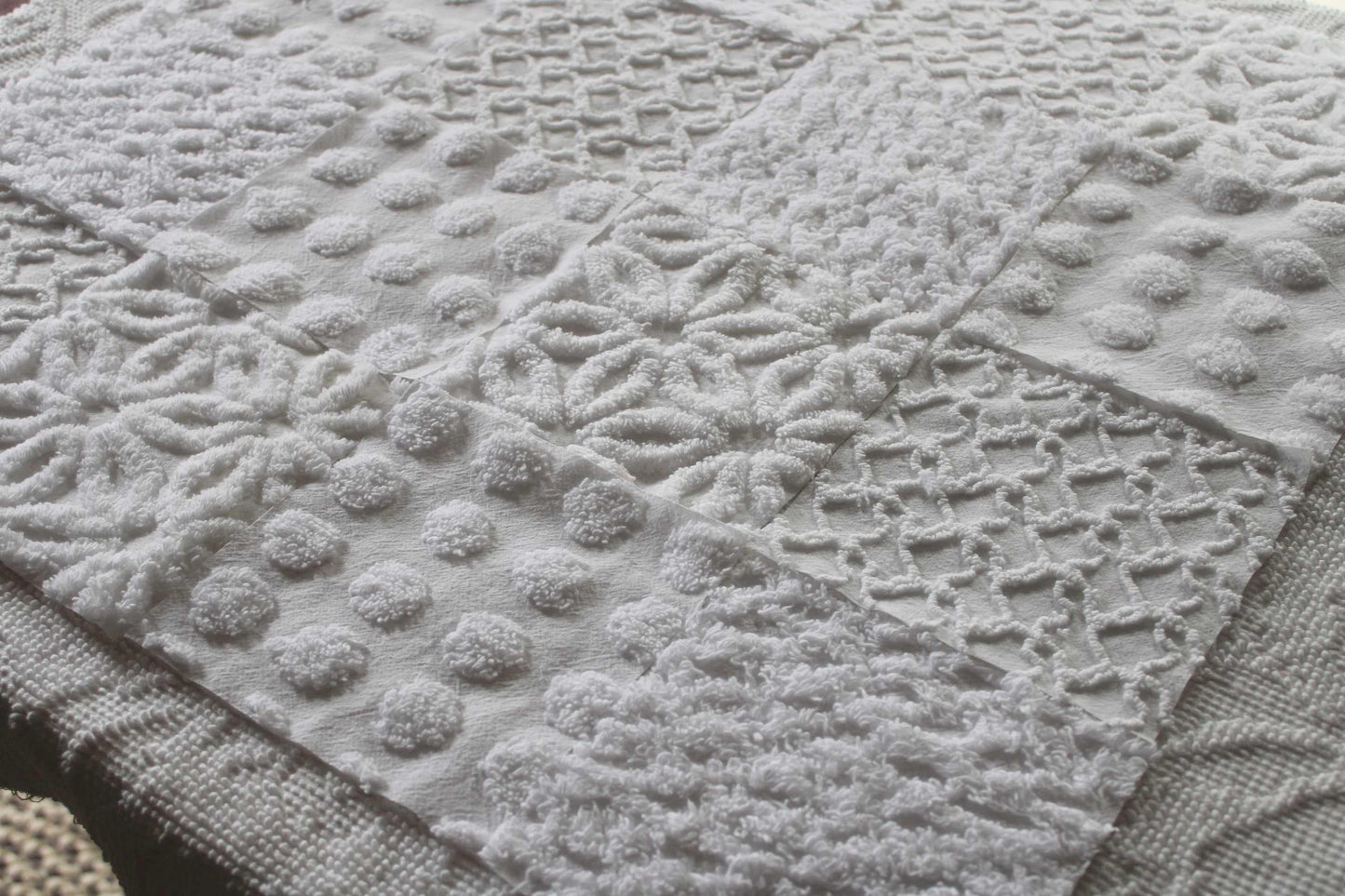 Fresh Snowfall Graceful White Chenille Quilt Squares Set, from Vintage Bedspread Fabric, 16 Blocks, 6" inch