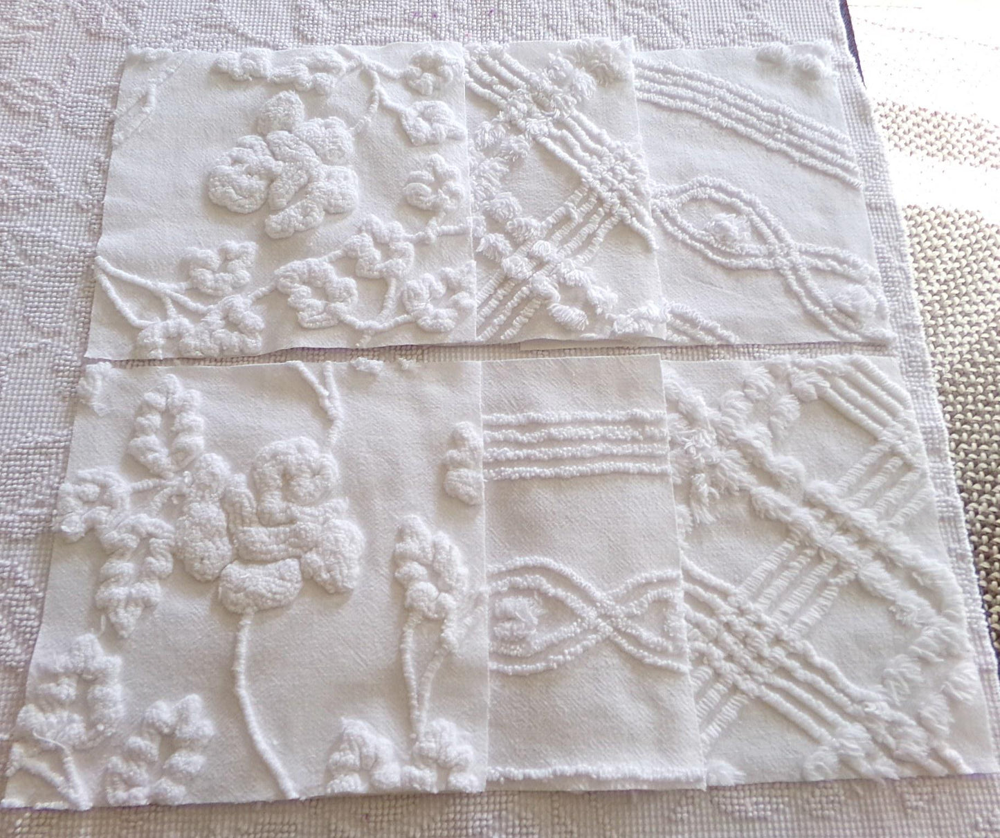 vintage rose 9.5" chenille fabric squares, set of 6 white quilt blocks, elegant ivy & geometric prints for sewing, crafts