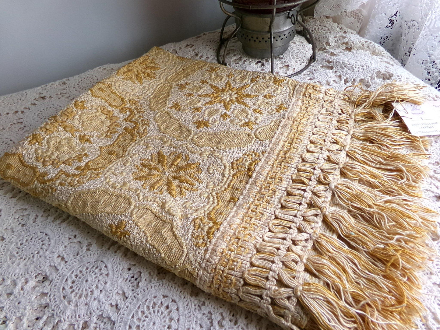 celestial gold matelasse woven tapestry fabric, silky shimmer fringe, 18" x 23" inch piece of vintage luxury sewing material