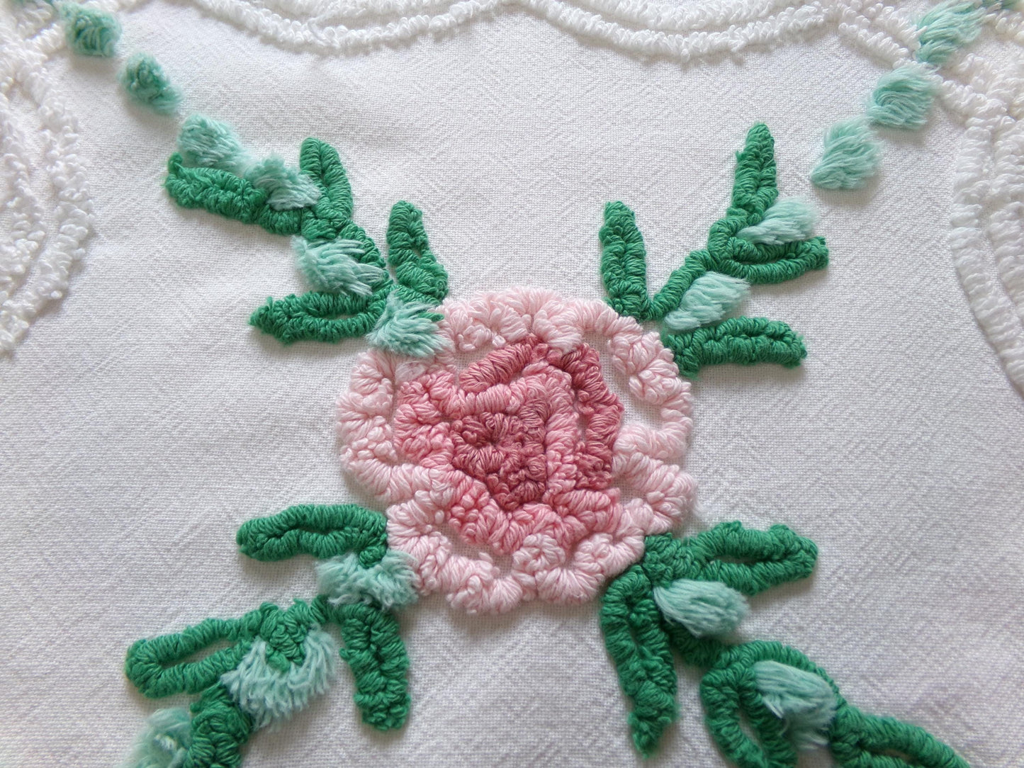 Cottage Style Vintage Chenille Fabric Bundle for Sewing, Quilting in Pink Floral, White & Green | 2 Pieces 12" x 18" each