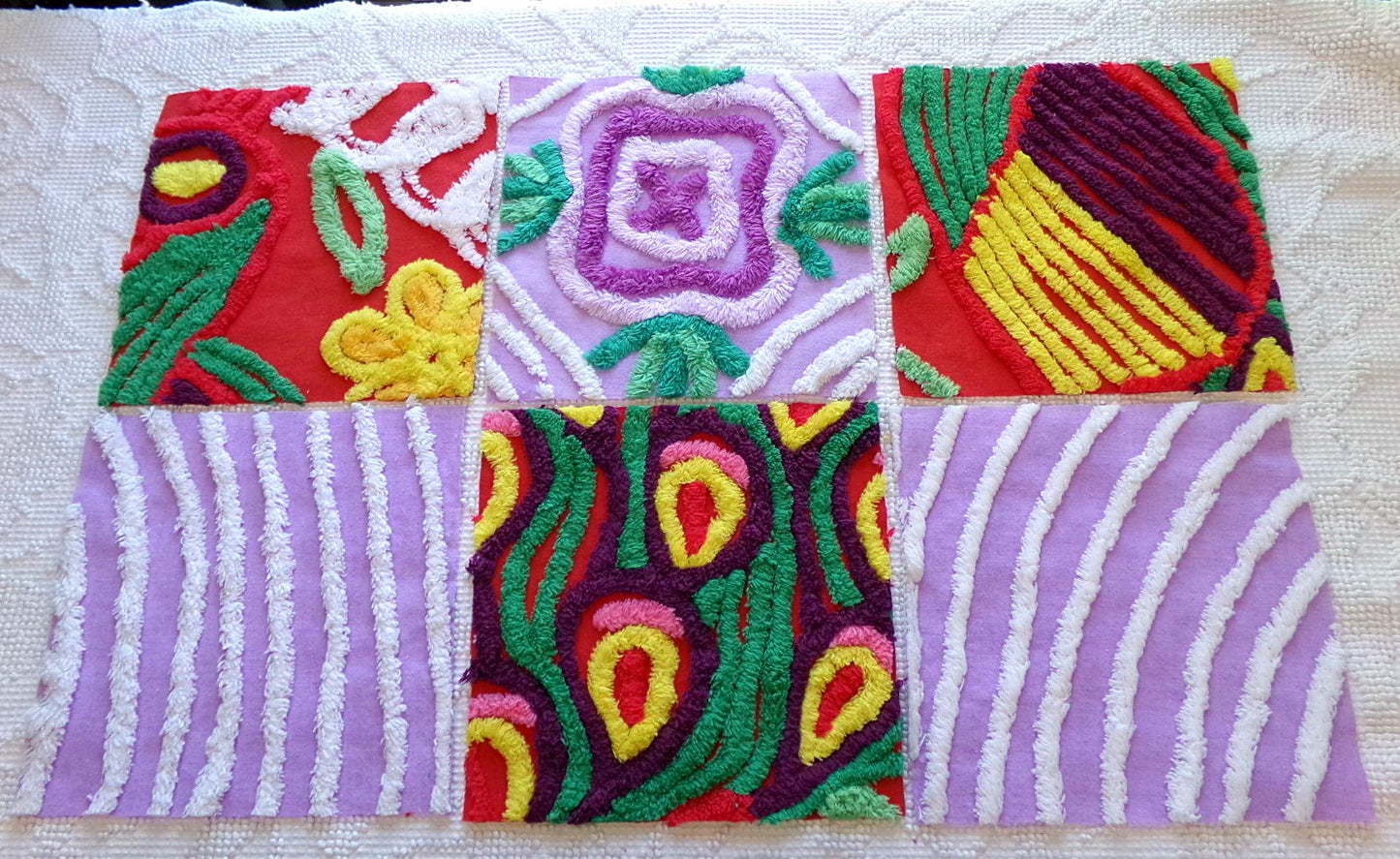 sassy 'n sweet chenille fabric squares, 7.5" vintage quilt blocks in lavender & rich red, set of 6 for sewing, crafts, quilting