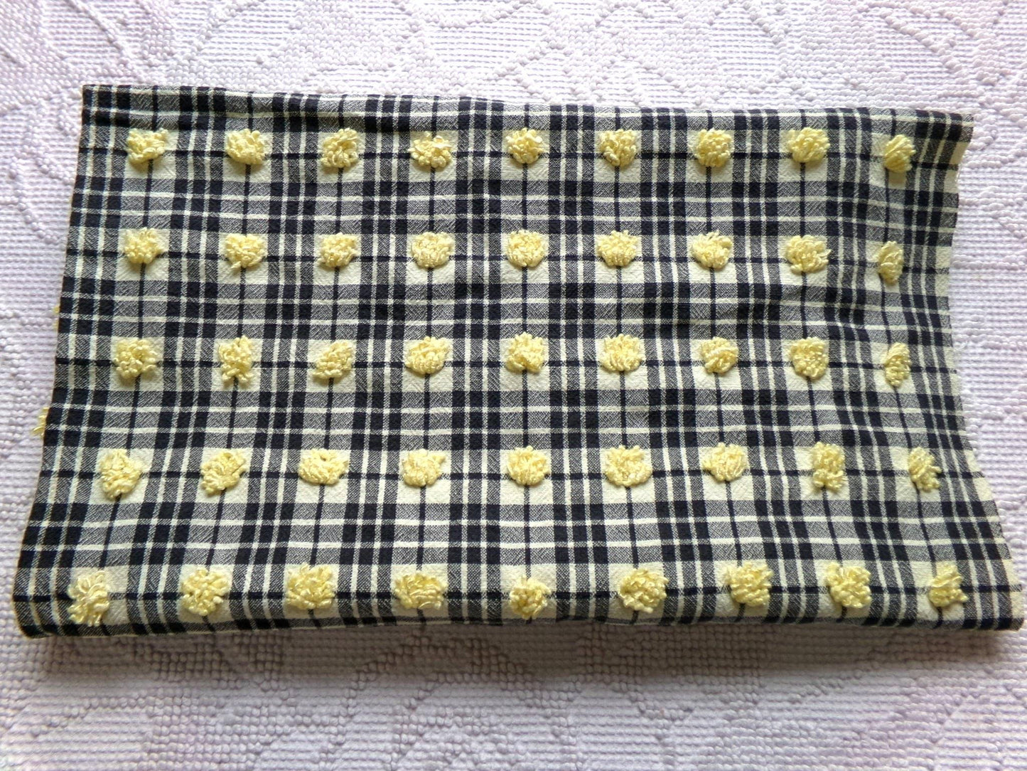unique black plaid vintage chenille fabric, 18" x 24" piece of sewing material w/ yellow pops