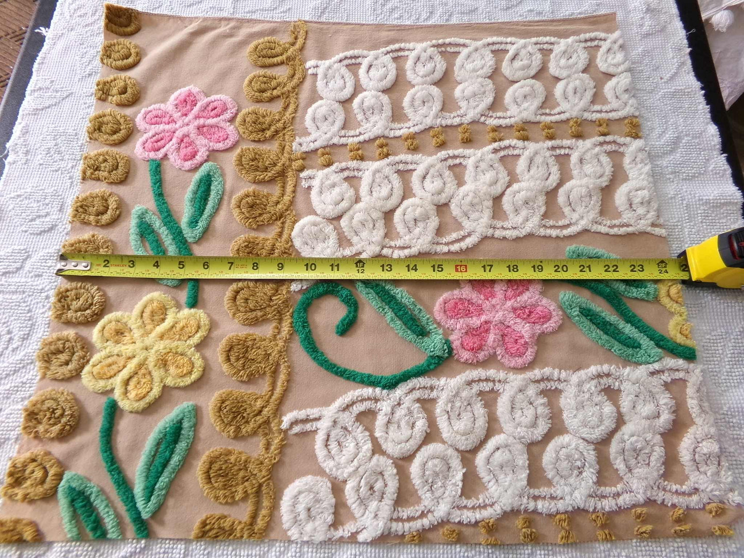 Shabby Cute Caramel Curlicue Floral Vintage Chenille Fabric, 21" x 24" inch Piece, Boho Sewing Material for Pillows, Wall Hangings, Crafts