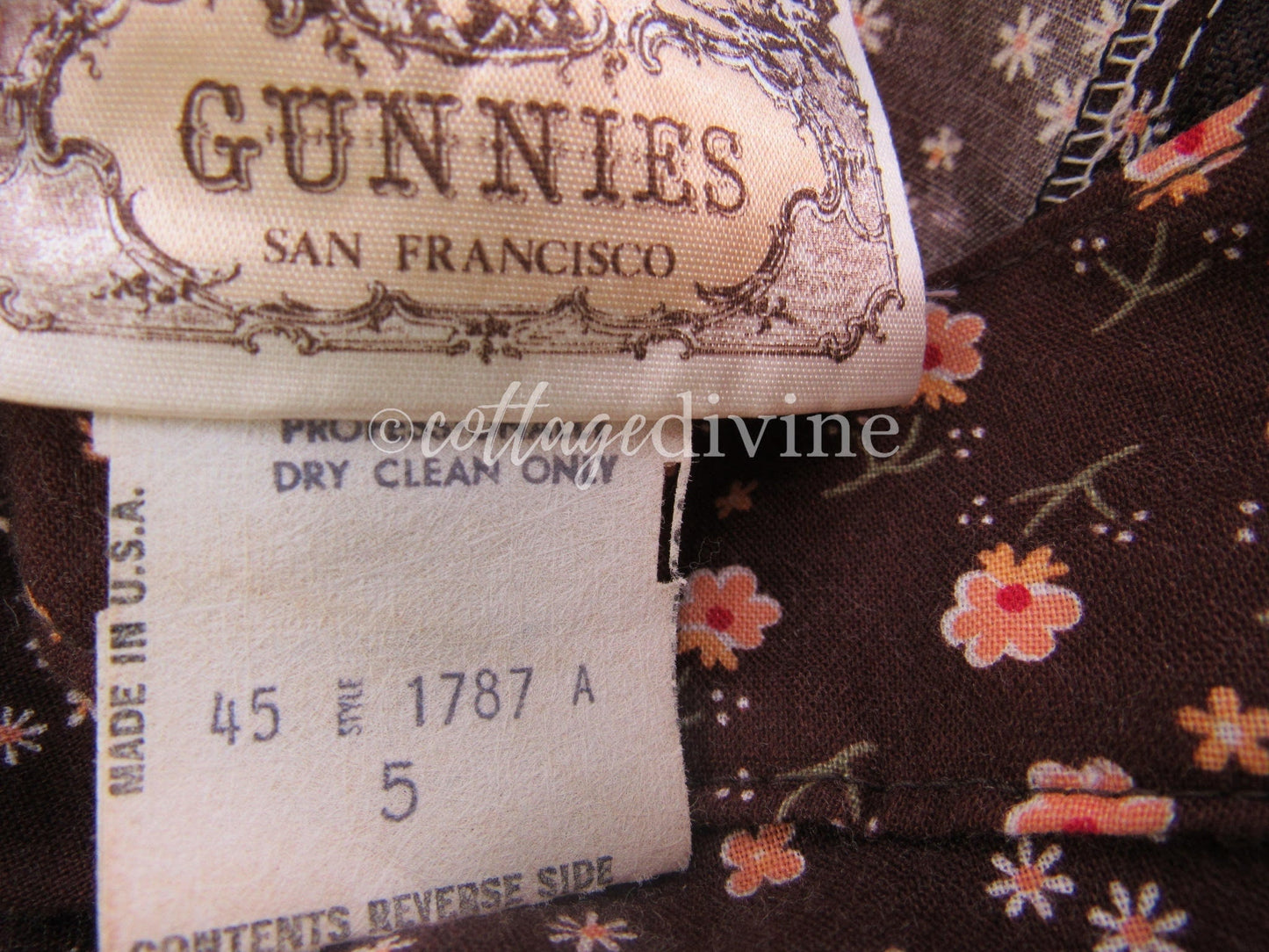 GUNNE SAX Prairie Skirt Velvet Front Chocolate Brown Calico Gunnies Vintage 1970s Maxi Skirt, XXS