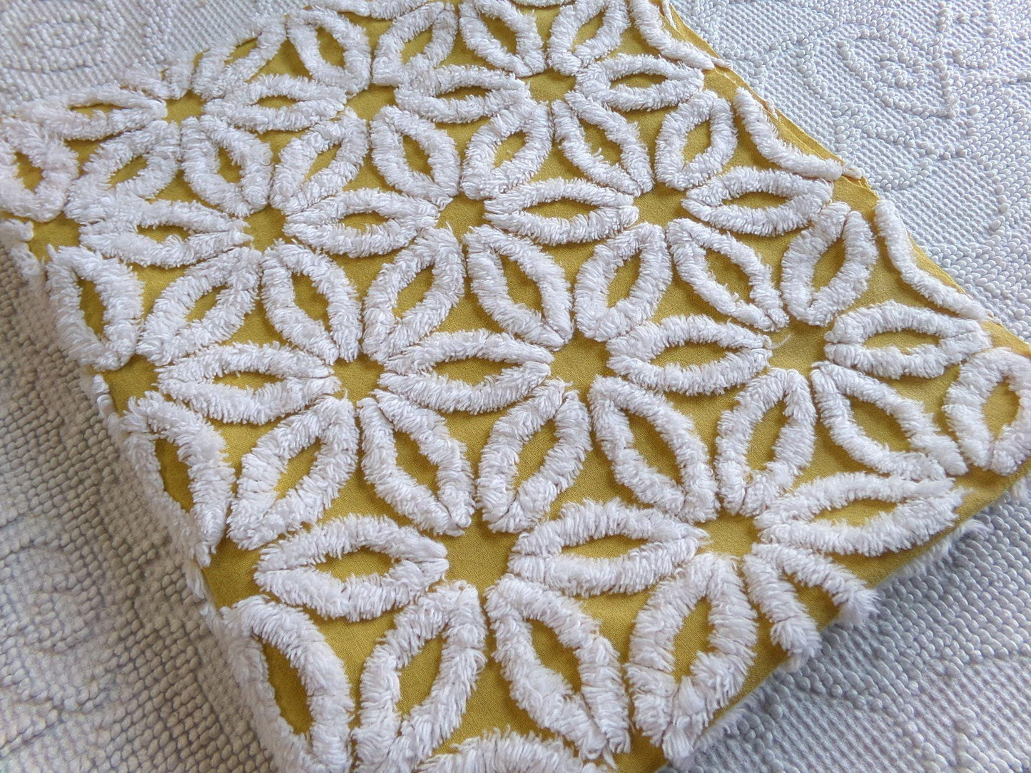 boho style vintage chenille fabric, white daisy on harvest gold, 20" x 24" inch piece of cotton sewing material for quilting & crafts