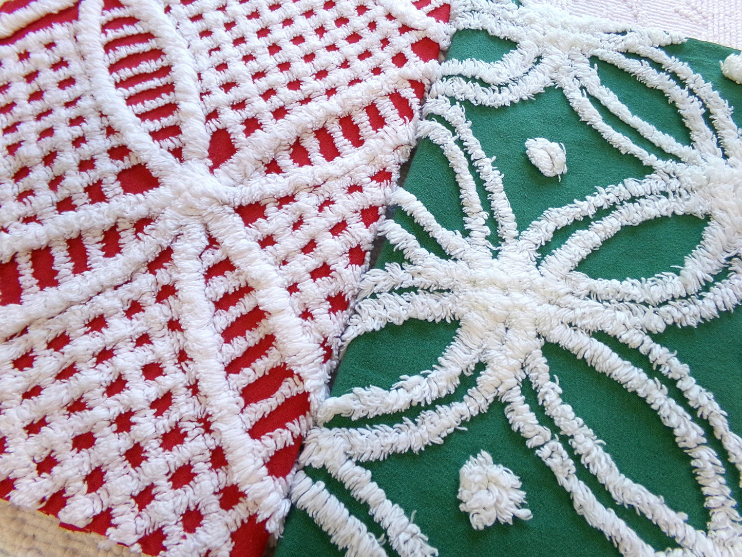 Christmas Quilt Fabric Stash Builder | Vintage Chenille Bundle for Sewing, Quilting in Red, White & Green | 2 Pieces 12" x 18" each