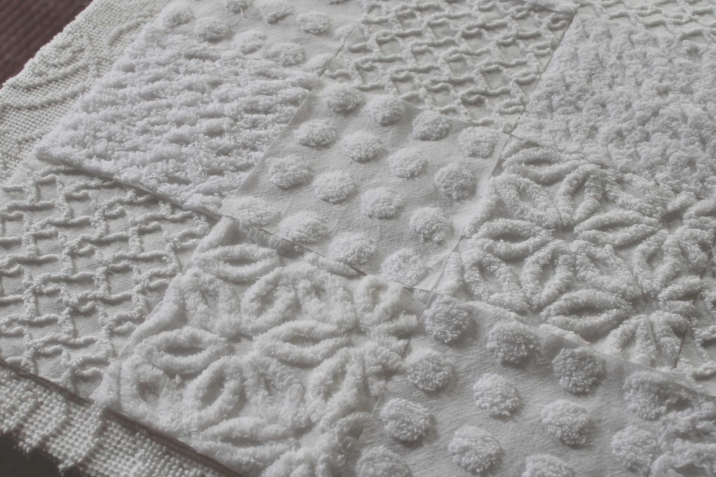 Fresh Snowfall Graceful White Chenille Quilt Squares Set, from Vintage Bedspread Fabric, 16 Blocks, 6" inch