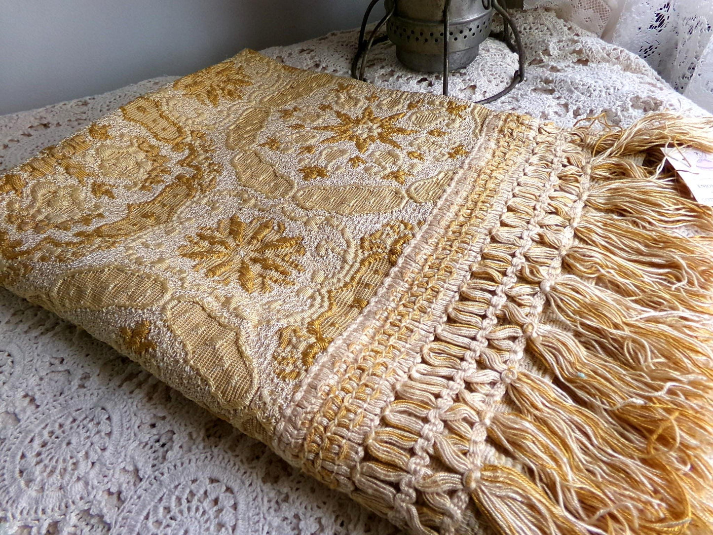 celestial gold matelasse woven tapestry fabric, silky shimmer fringe, 18" x 23" inch piece of vintage luxury sewing material