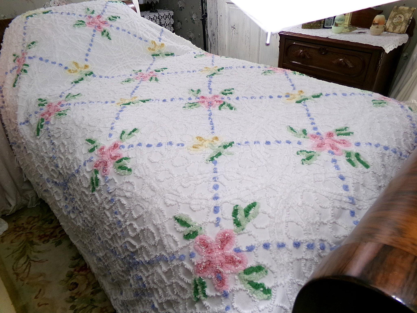 Shabby Chic Vintage Style Chenille Bedspread, Pink & Yellow Flower Design, Full Size White Cotton Bedding With Accent Fringe
