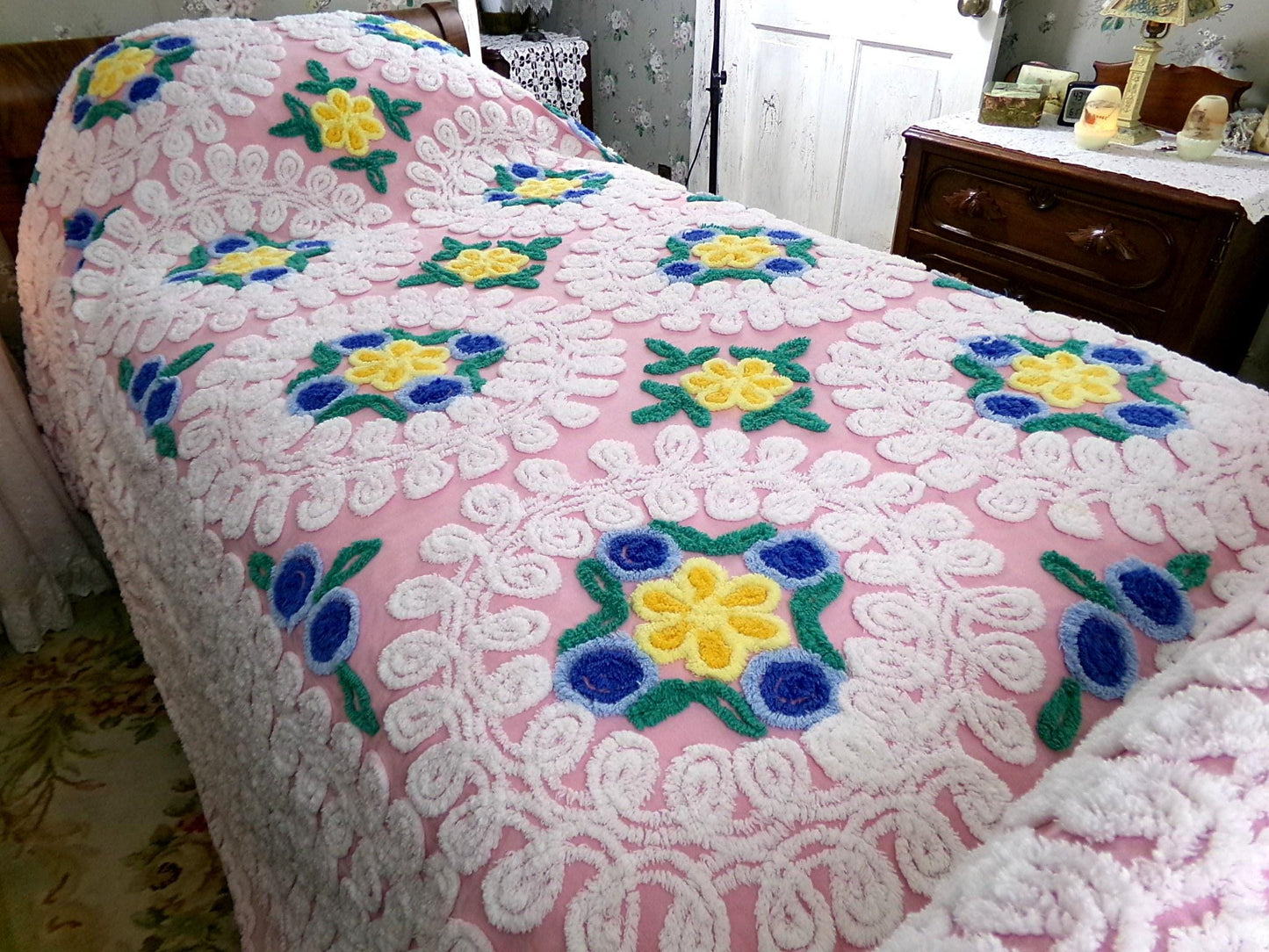 shabby plush pink vintage chenille bedspread, popular wedding cake florals, retro cottage glamour full size bedding