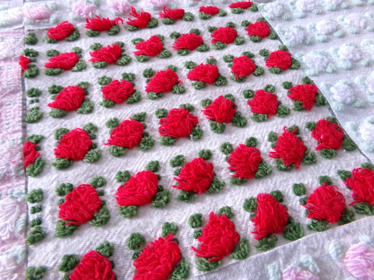 valentine rosebuds vintage chenille fabric squares, gorgeous medley of pink, red, white roses, set of 16 quilt blocks, 6" x 6" inch