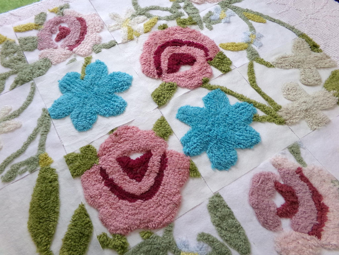 flower festival chenille fabric squares, set of 16 vintage floral 6" craft blocks, cottage designs for quilt inlays, pillows, fiber arts