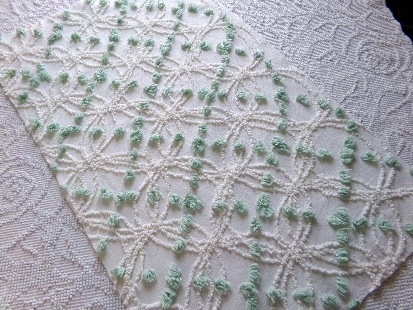 Breezy White Vintage Chenille Fabric, 15" x 25" Piece, Needletuft Wedding Rings with Mint Green Pops