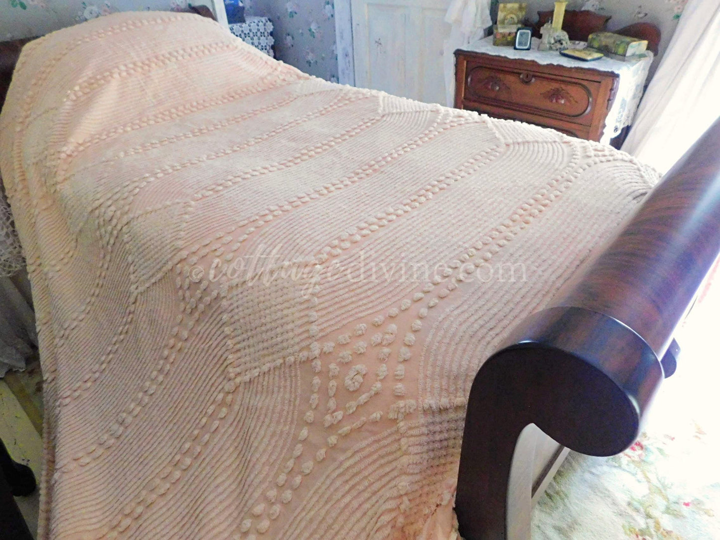 Graceful Waterfall Iced Peach Vintage 1940s Chenille Bedspread, Full Size, Cotton
