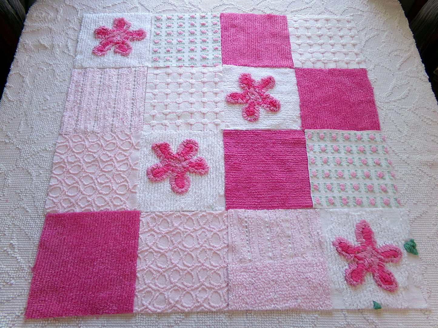 fun pink vintage chenille fabric squares, set of 16 quilt blocks 6" each geometric & flowers for crafts, sewing