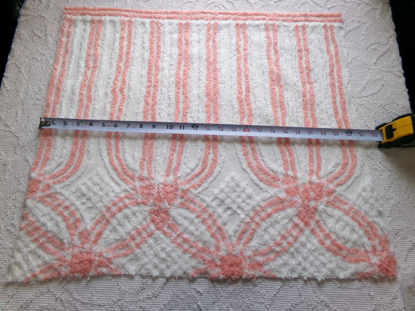 vintage chenille fabric in peachy white geometric design, 22" x 24" piece of lightweight cotton sewing & quilt material