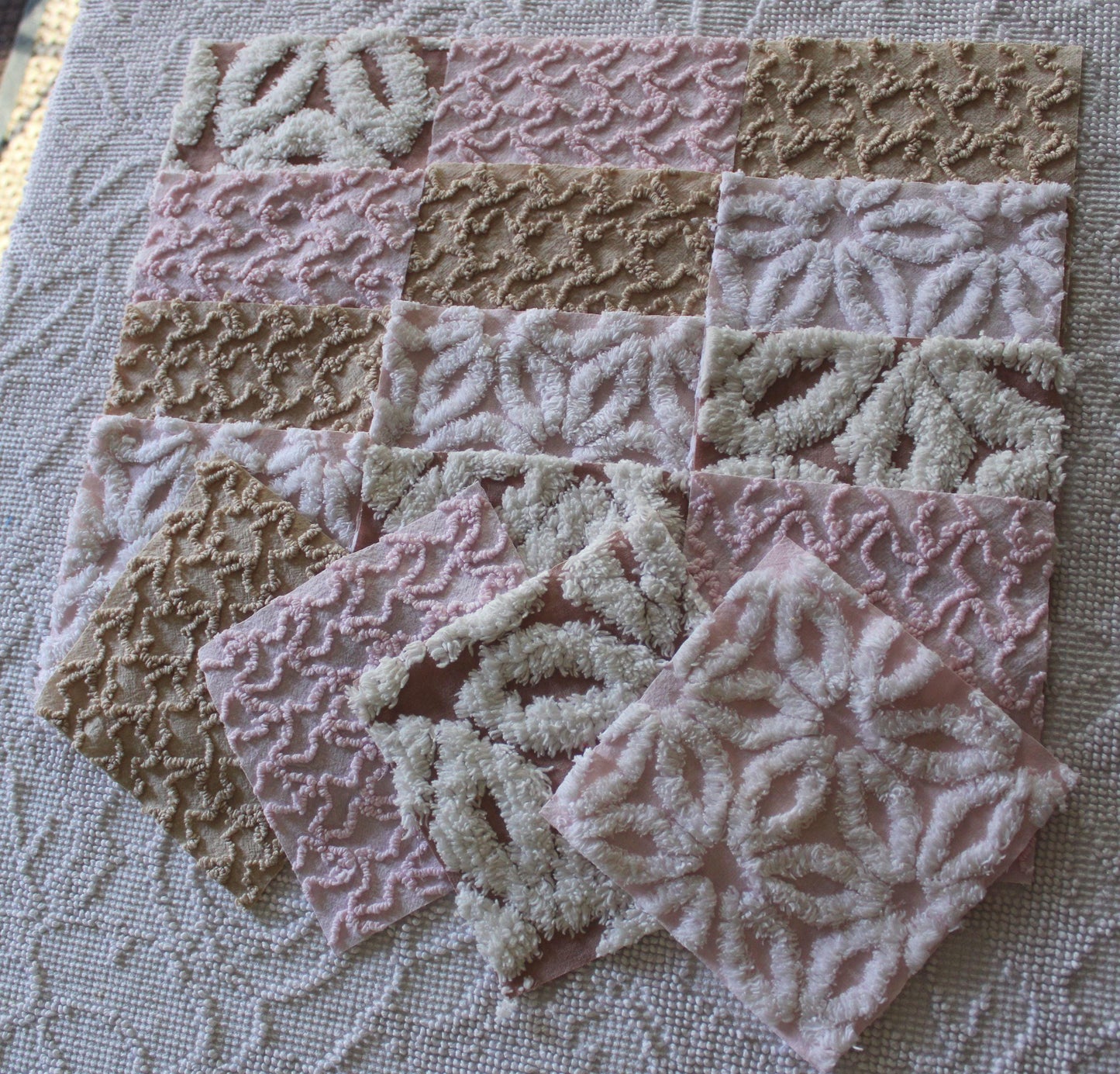 modern mocha pinks chenille fabric squares, set of 16 vintage quilt blocks 6" inches ea, daisy & squiggle texture