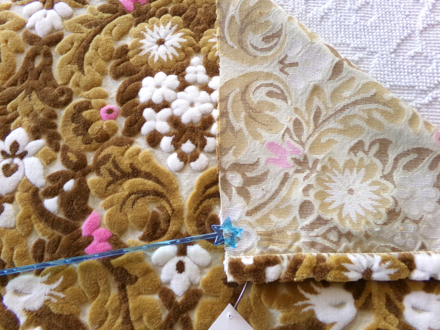 vintage cut velvet fabric, chocolate caramel Bates tapestry chenille, 12" x 21" inch piece, great sewing material for small bags