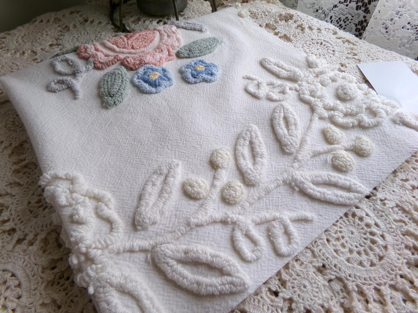 shabby chic chenille fabric, lovely needletuft rose floral design, 21" x 21" inch piece of vintage sewing material great for a pillow cover