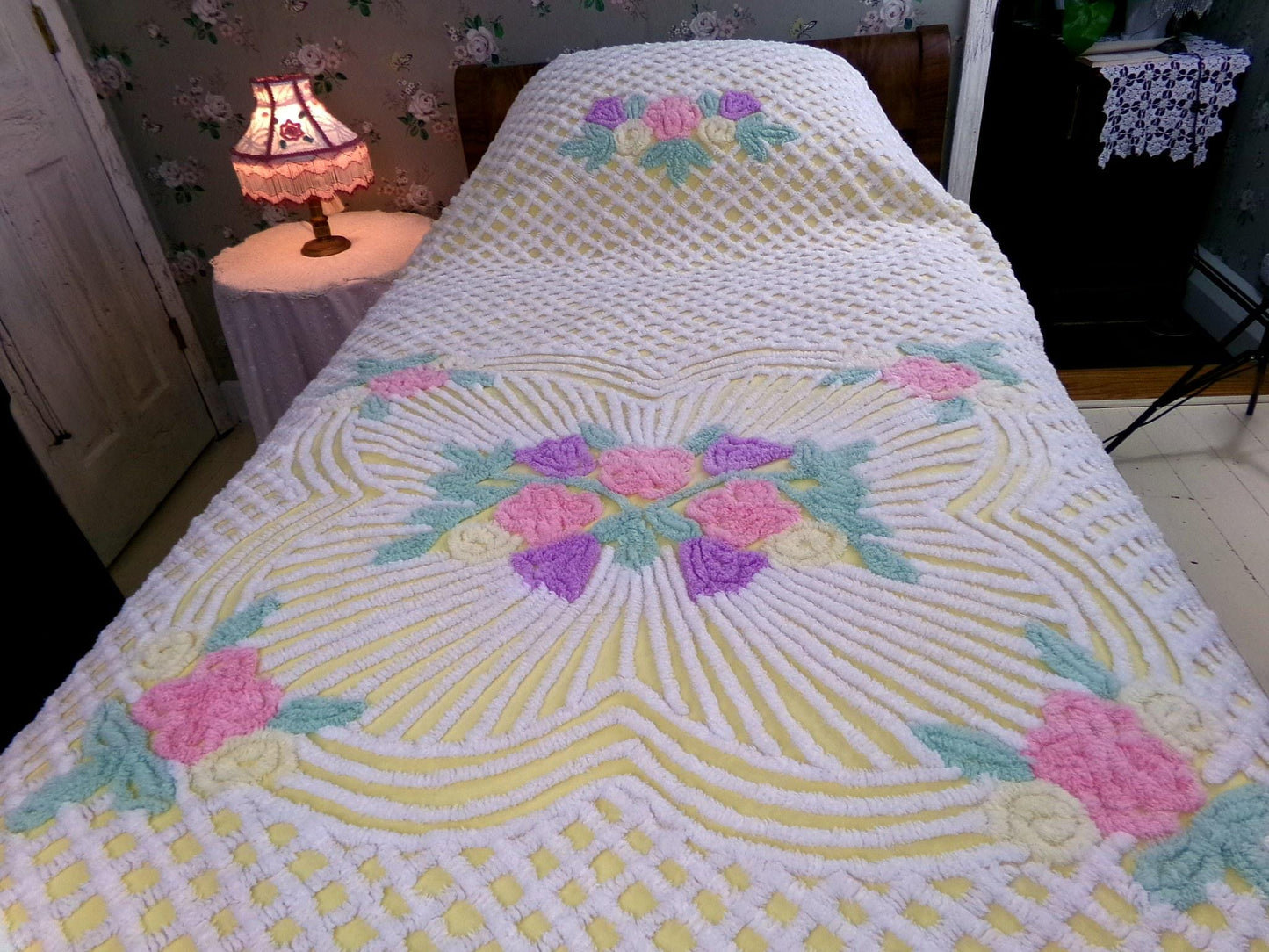 just joyful vintage chenille bedspread in cheery yellow with springtime flowers, full size bedding, 100% quality cotton