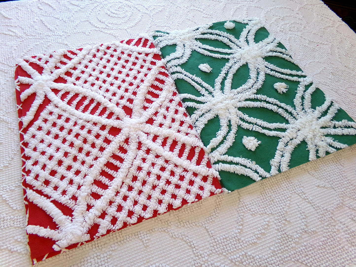 Christmas Quilt Fabric Stash Builder | Vintage Chenille Bundle for Sewing, Quilting in Red, White & Green | 2 Pieces 12" x 18" each