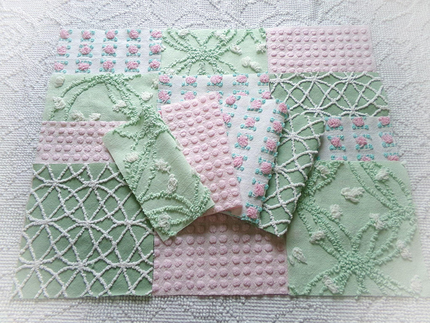 secret garden chenille fabric squares, 16 vintage 6" quilt blocks in pink & green, for sewing, crafts, fiber arts