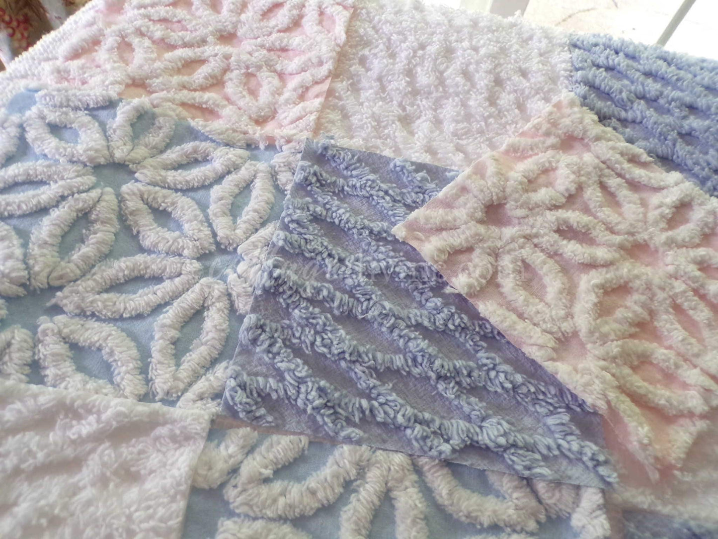 Fluffy Soft 6" Chenille Fabric Squares, Set of 16 Quilt Blocks, Pink, Blue & White Daisy Designs Cut from Vintage Chenille Bedspreads