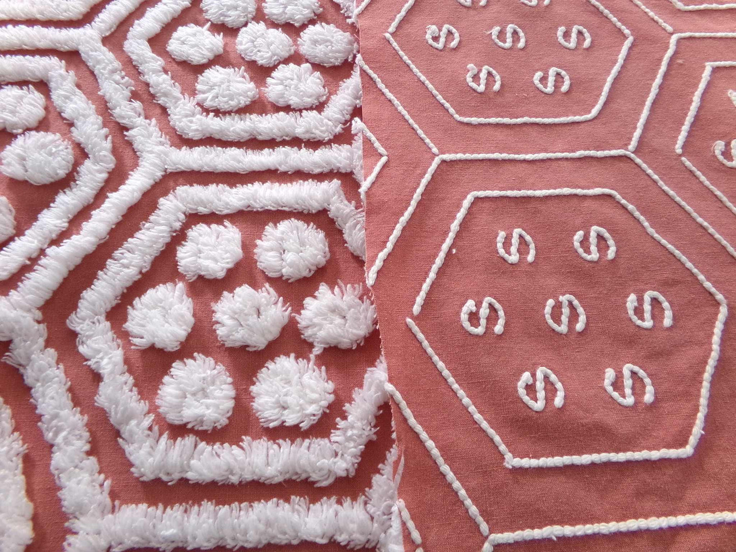 Hippie Hexagon Reversible Vintage Chenille Fabric, Sewing Quilting Material in Boho Style Terracotta & White, 22.5" x 30" inch Piece