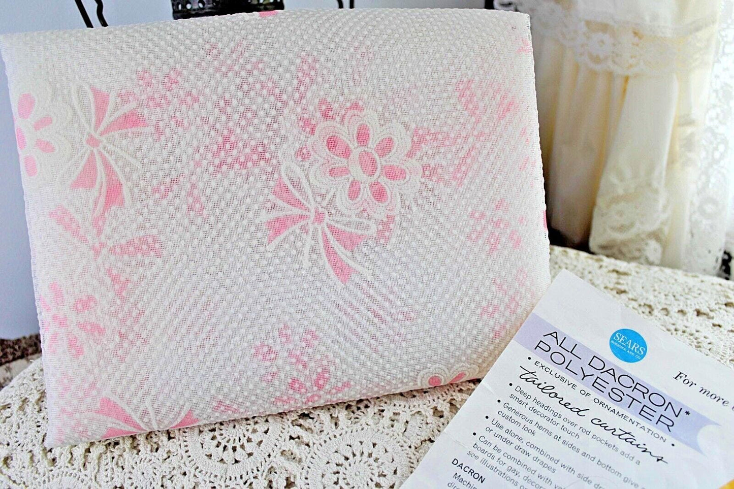 Vintage Flocked Curtain, Petal Pink Daisy & Dot Pattern, SINGLE Sheer Panel, 72"L