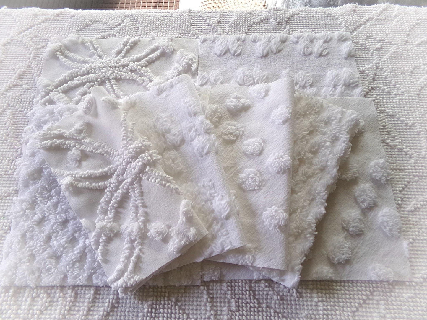 farmhouse style white chenille fabric squares, 7.5" vintage quilt blocks, set of 8 for sewing, crafts & quilting