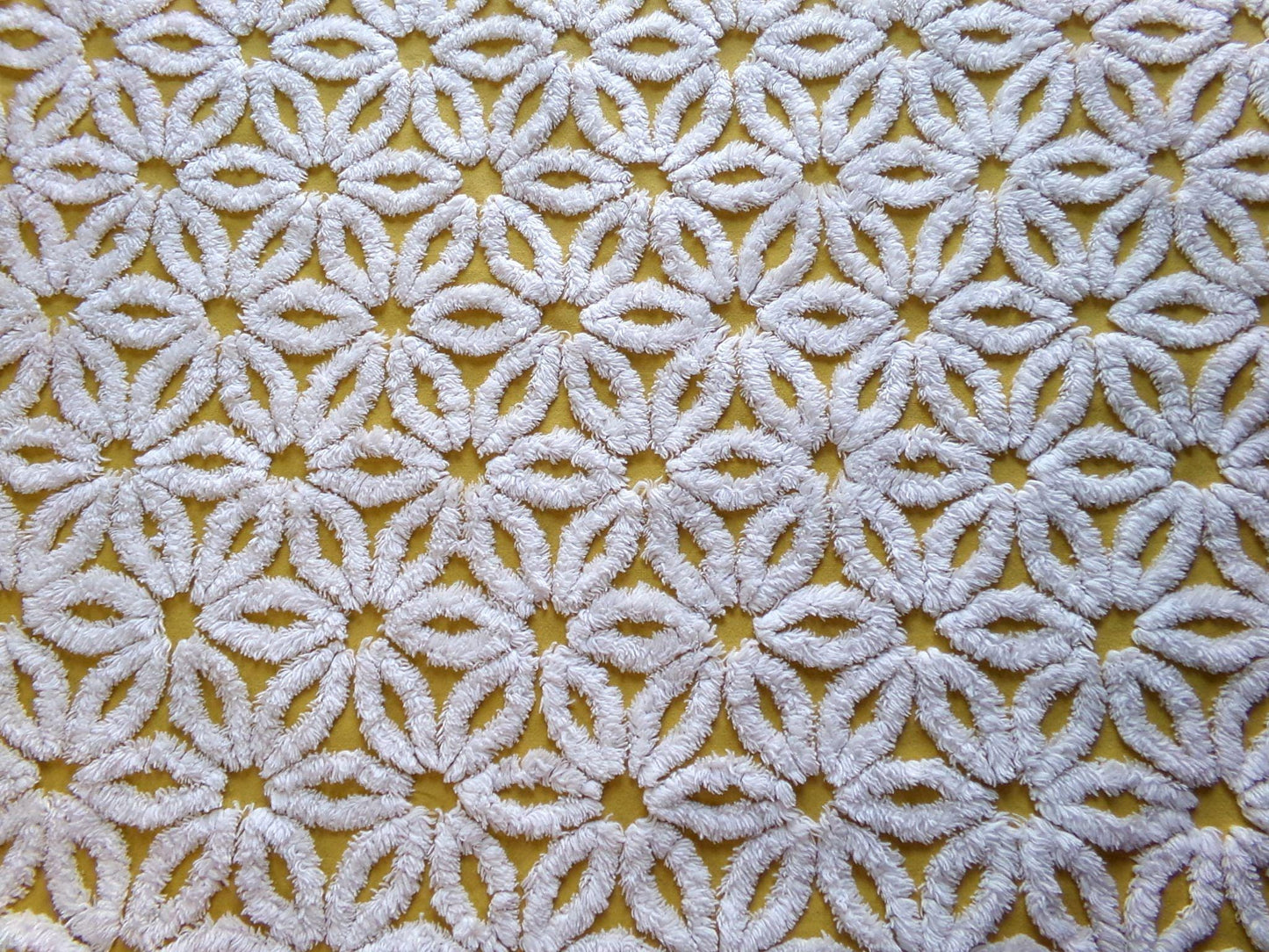 boho style vintage chenille fabric, white daisy on harvest gold, 20" x 24" inch piece of cotton sewing material for quilting & crafts