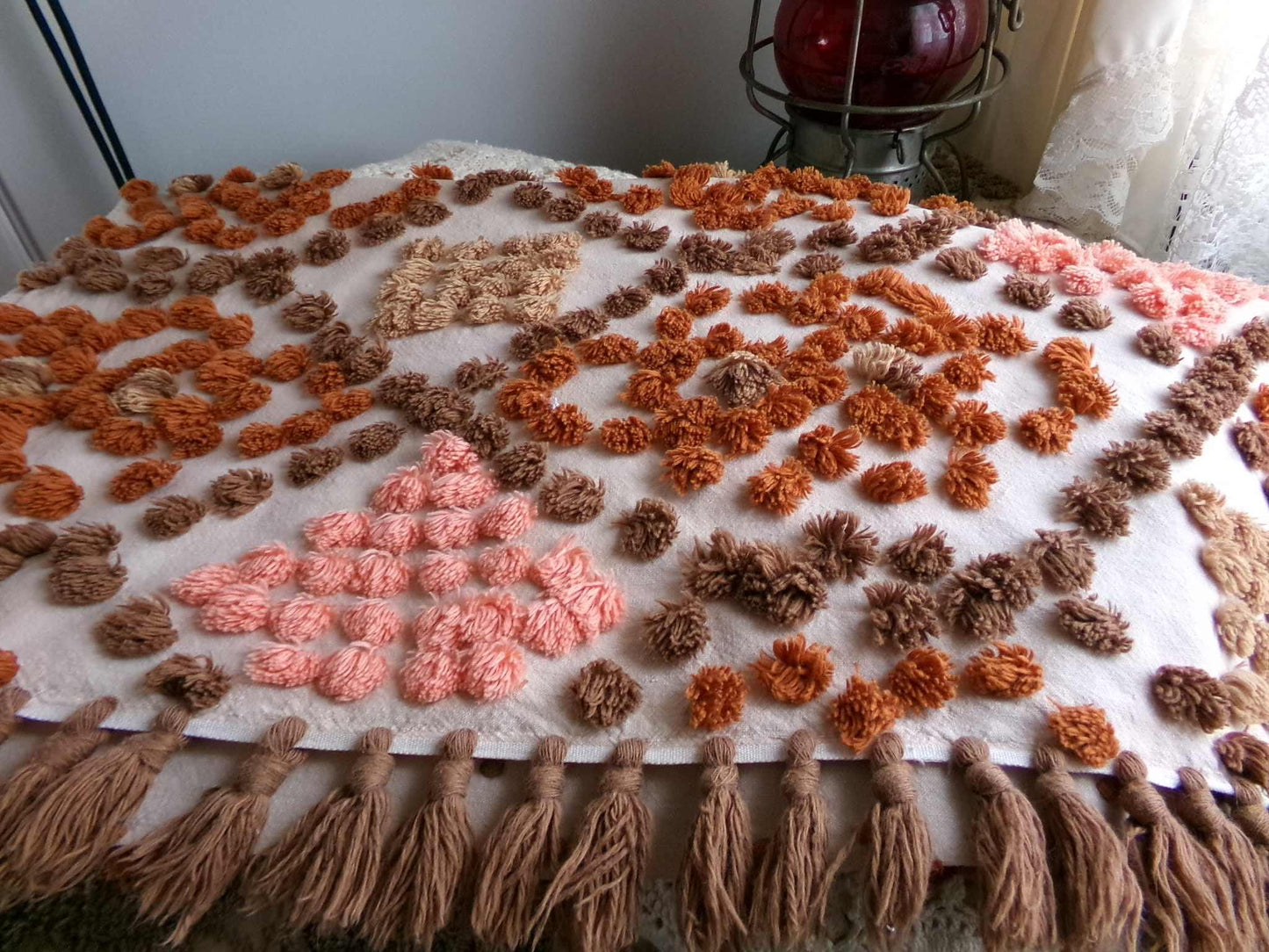 boho vintage chenille fabric, earthtones toasted brown, rust, sunset peach, 21" x 24" cut piece hippie style cotton sewing material