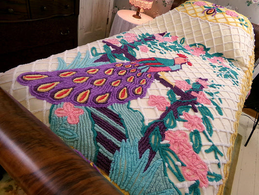 Grand Perched Peacock in a Garden Vintage Chenille Bedspread, Exotic Art Deco Dramatic 1940s Design, Full Size Lightweight Cotton Coverlet