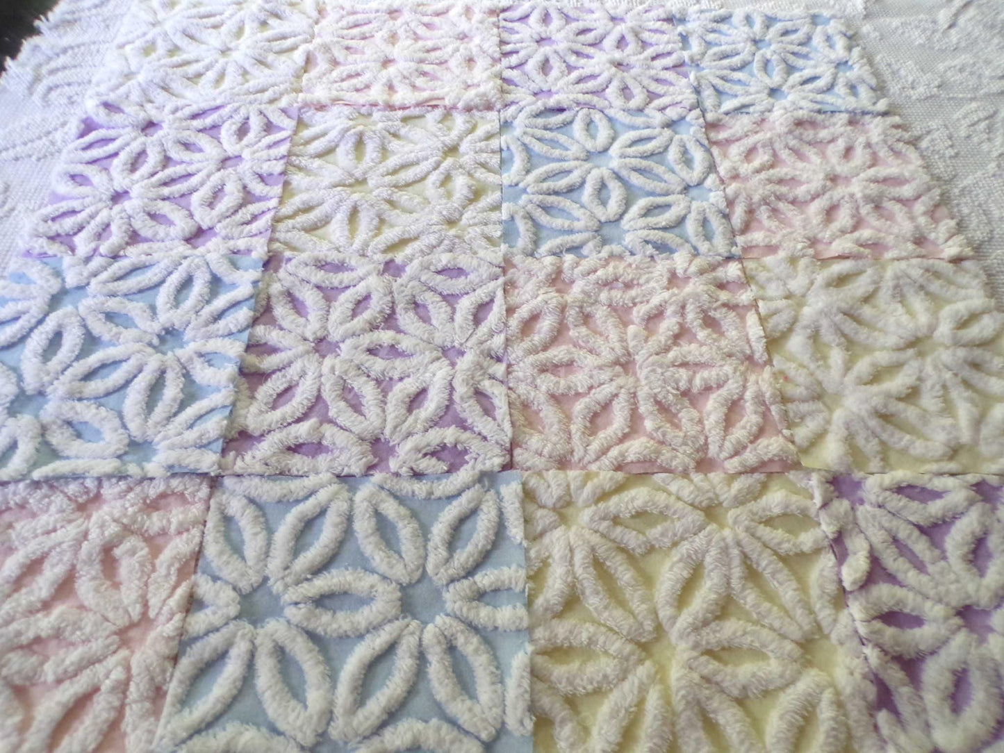 Rainbow Pastel Daisy Quilt Squares Set, Fluffy & Plush, from Vintage Chenille Bedspread Fabric, 16 Blocks, 6" x 6" inch