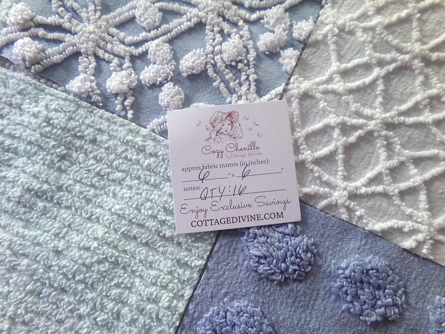 Chenille Fabric Squares Set, "Beach Life", 16 Vintage Quilt Blocks, 6" inch in Blue, Cool Aqua & White