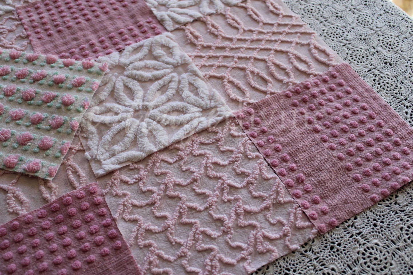 Prettiest Pink Quilt Squares, Daisy Rose Craft Square Set from Vintage Chenille Bedspread Fabric, 17 Blocks, 6" x 6" inch