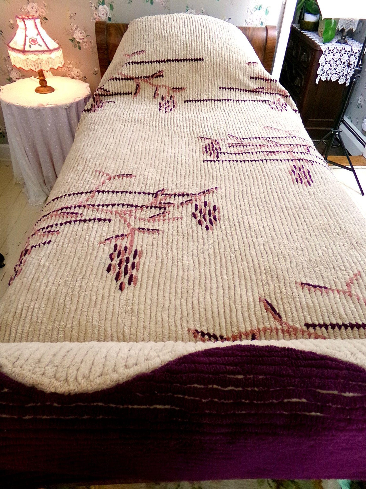 Art Deco Vintage Chenille Bedspread in Iconic Cattail Design, Shabby Antique Twin Size Bedding, #1
