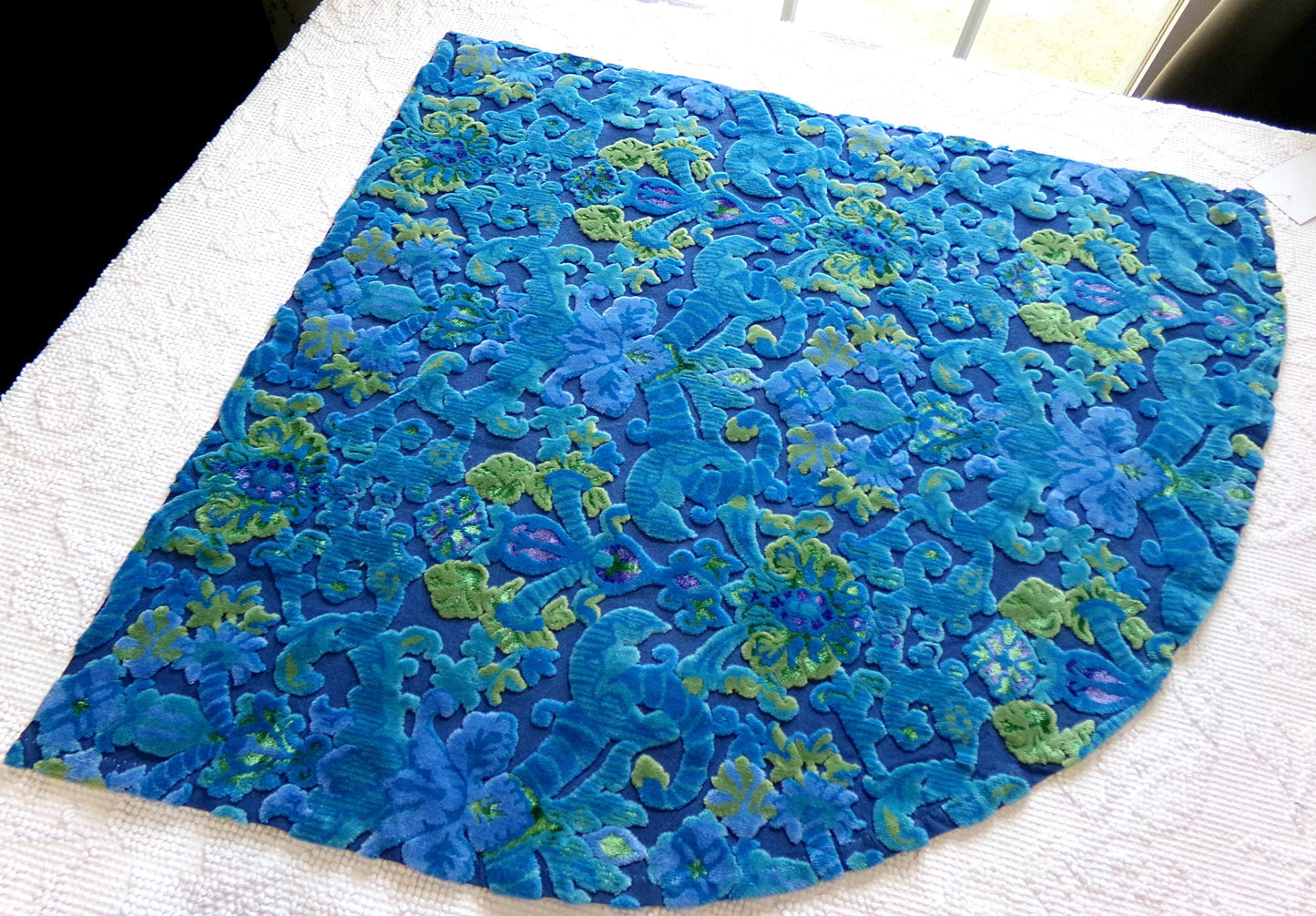 cosmic blue vintage cut velvet fabric, celestial Bates tapestry chenille, 20" x 19" inch ROUNDED piece, sewing material for boho bags
