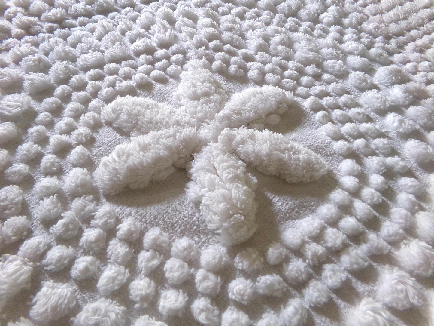 star mist white vintage chenille fabric, coastal 3D radiating starry pop motifs, 21" x 26" cut piece with fringe for pillows handmade quilts