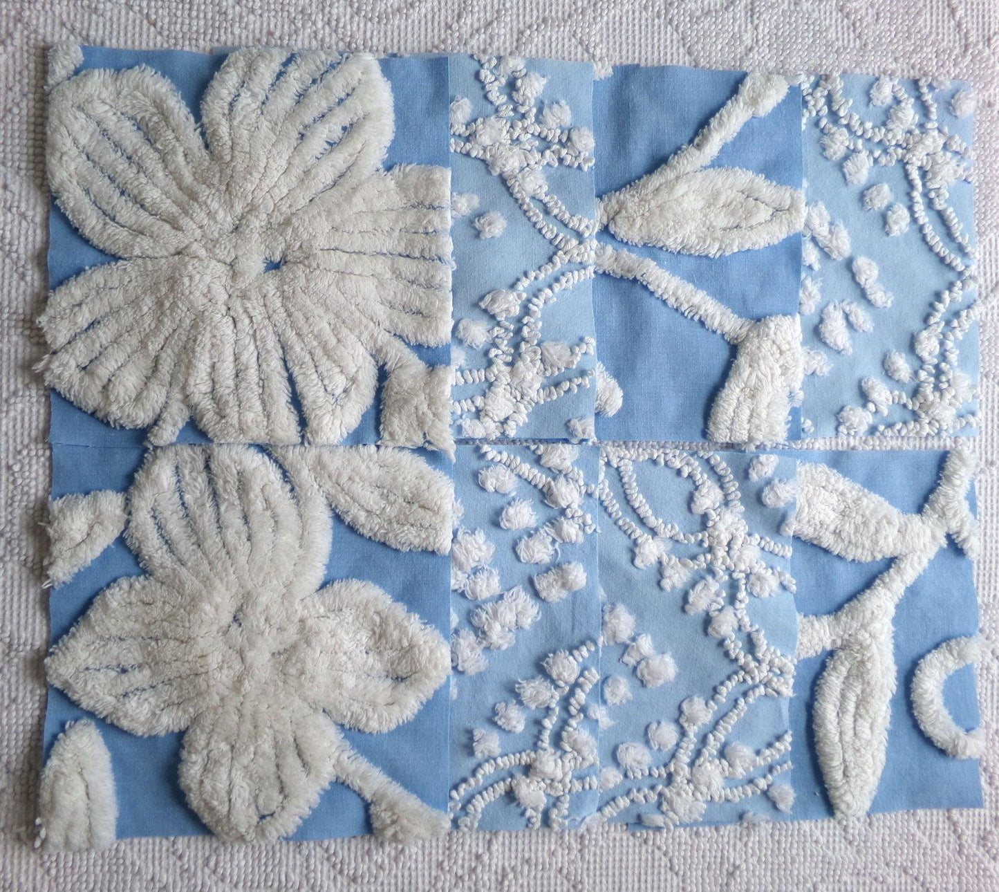 coastal breeze chenille fabric squares, set of 8 vintage 7.5" quilt blocks, blue geometric, white floral for sewing, crafts, quilting