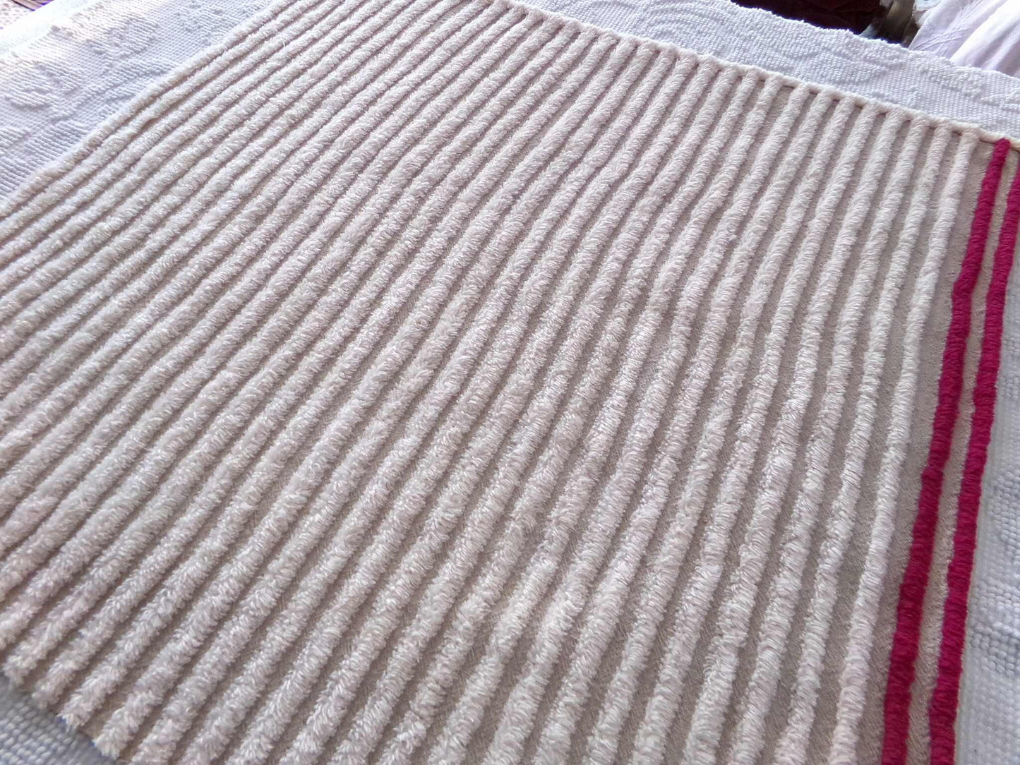 Aged Grey Striped Vintage Chenille Fabric Piece, Maroon Accent Stripes, 21" x 22" inches