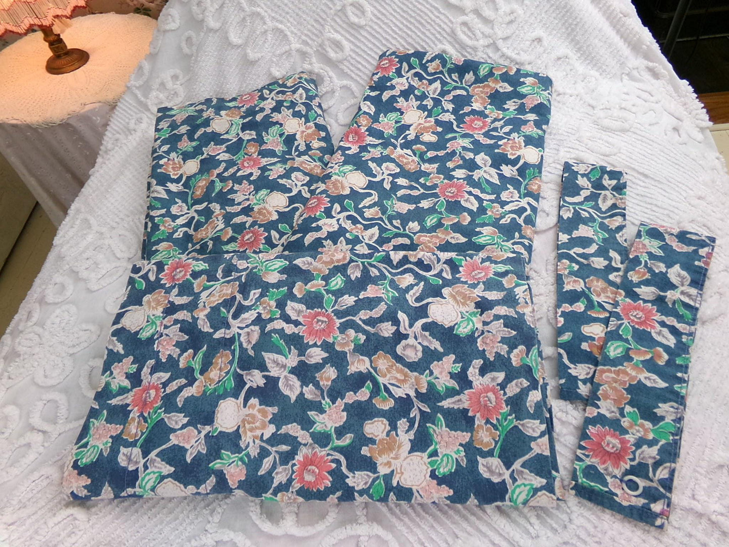 Ralph Lauren Curtain Set in Iconic Jardin Floral, Vintage Pair of Blue 1990s Window Drapery Panels, Valance & Tiebacks, Cotton, Made in USA