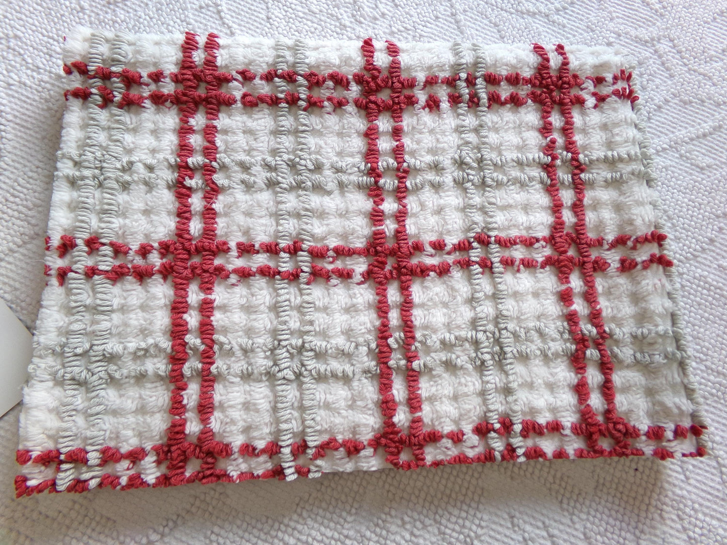 Preppy Plaid Vintage Chenille Fabric, Maroon & Grey Needletufting on White Grid, 18" x 23" inch Piece, 100% Cotton