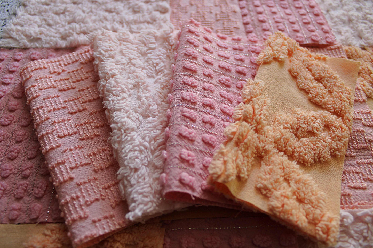peach nectar vintage chenille fabric squares, set of 16 geometric 6" quilt squares in texturized geometric designs