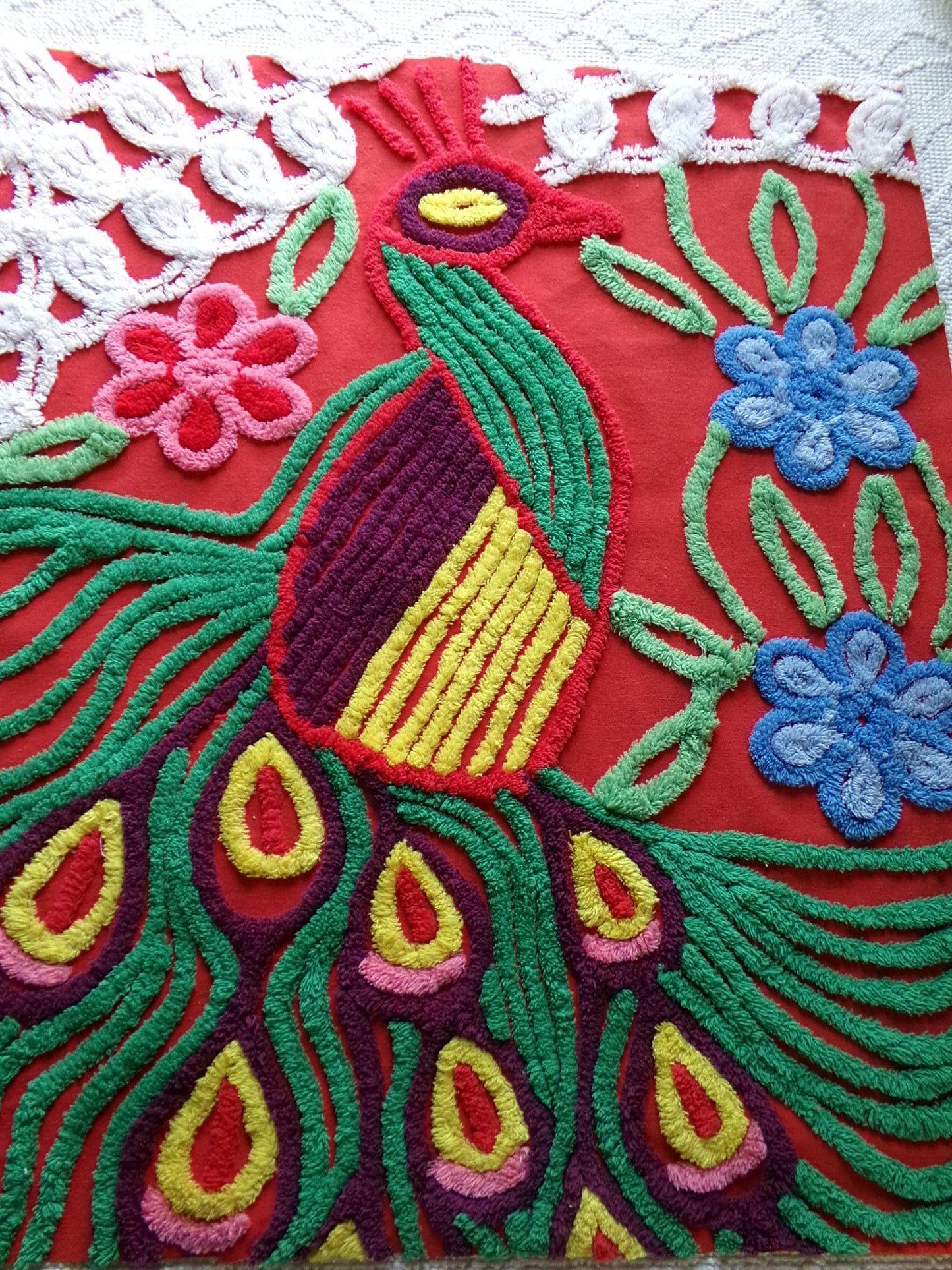 peacock vintage chenille fabric panel in saturated red, exotic material for a wall hanging or pillow, 23" x 24" inch piece