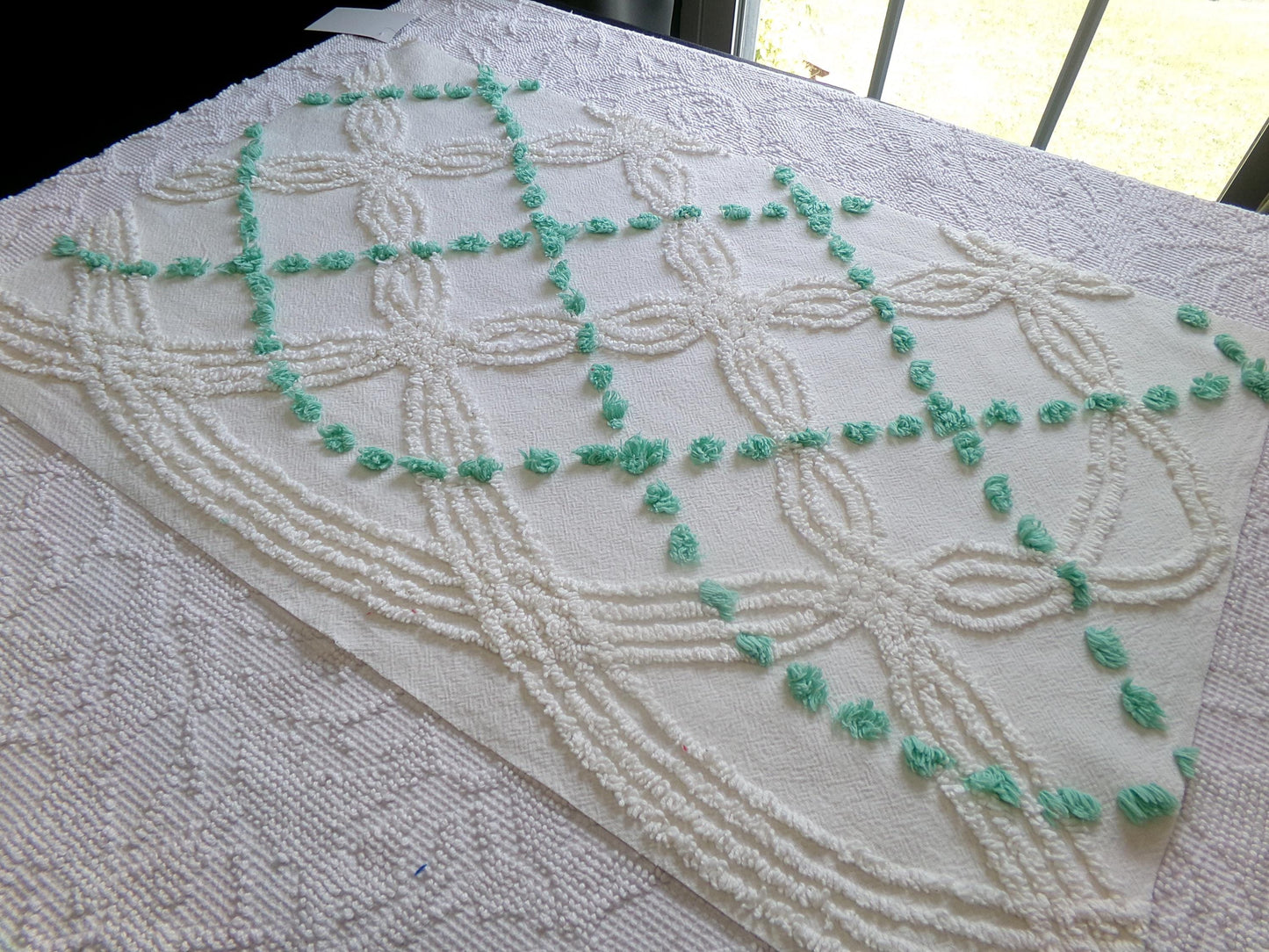 elegant ivory jade vintage chenille fabric, 17" x 26" piece of geometric dot sewing material