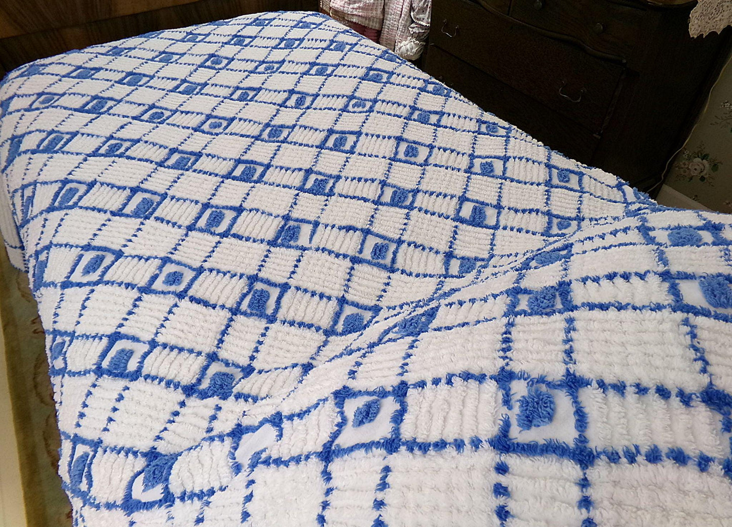 nautical vibes vintage chenille bedspread, blue dots on white cotton with cathedral stripes, full size coastal cottage bedding